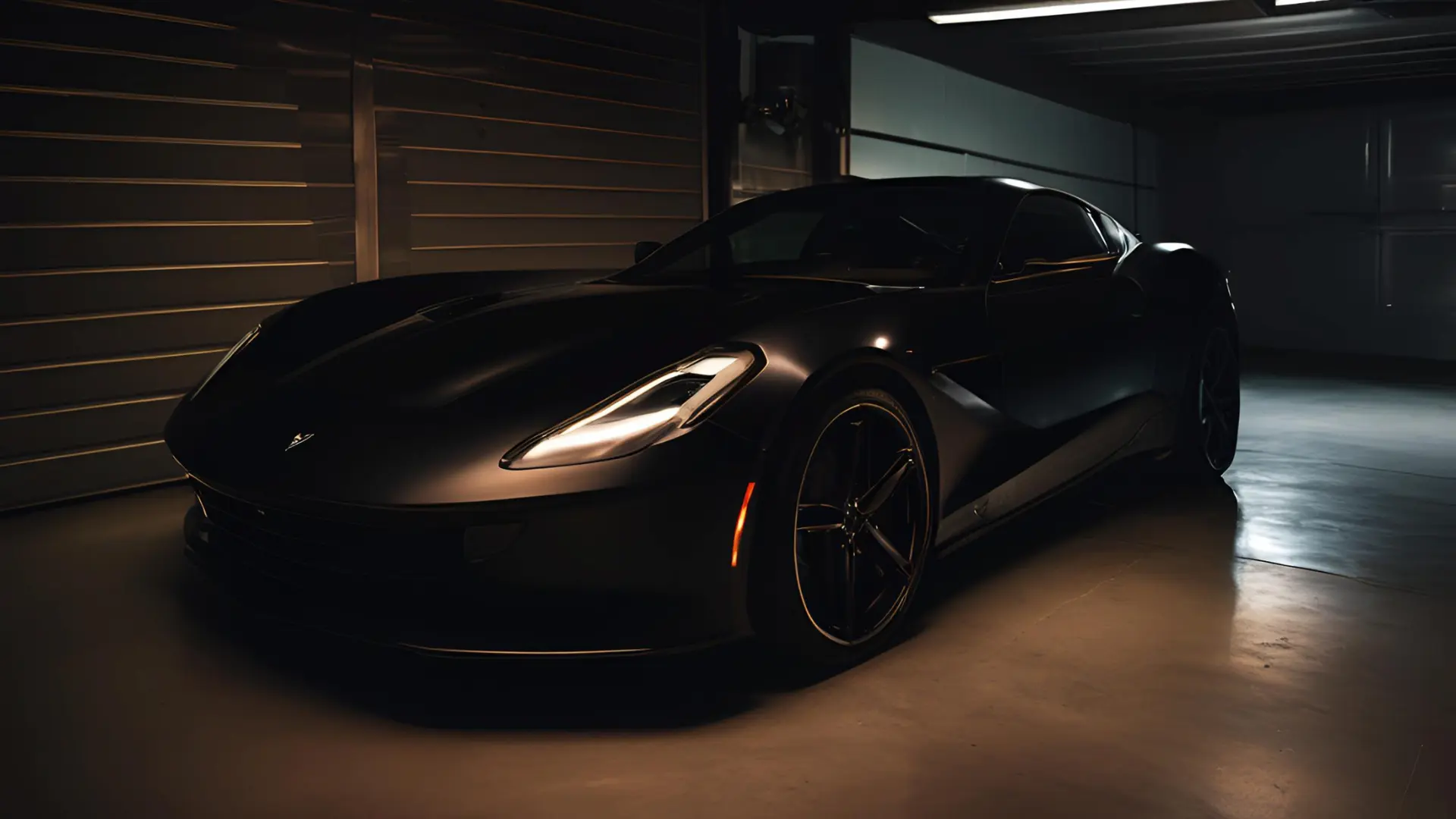 A sleek and fast black sports car sitting in a dimly lit garage with a spotlight shining on it, highlighting the car's curves and details.