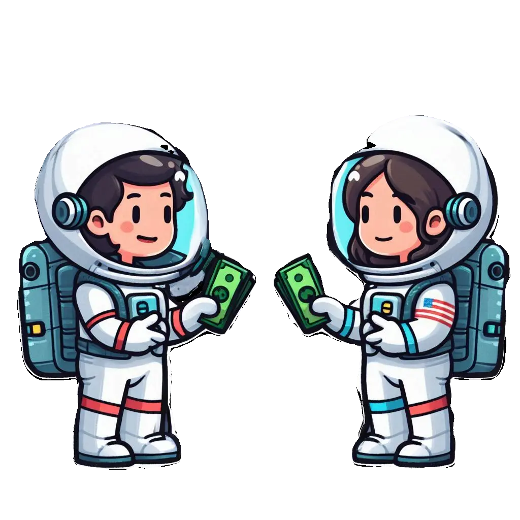 A sticker illustration of two astronauts exchanging money in space.